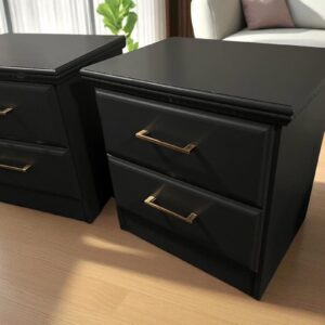 two black nightstands with gold handles