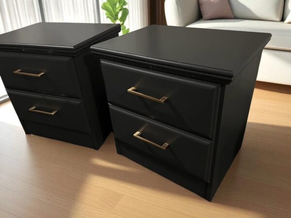 two black nightstands with gold handles